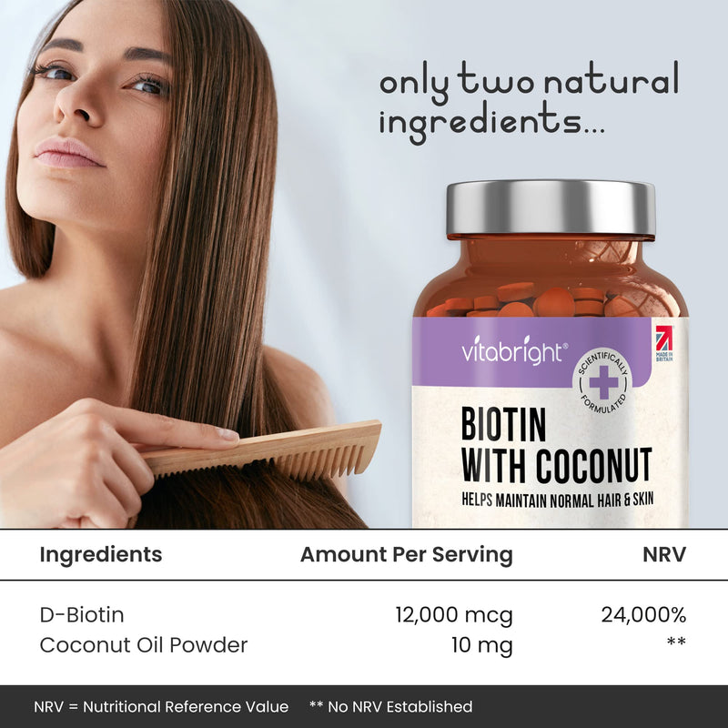 Biotin for Hair Growth, Skin and Nails - 12,000mcg High Strength - 365 Tablets (1 Year Supply) - Enriched with Coconut Oil Powder - Natural D-Biotin (Biologically Active) - Made in UK by VitaBright - BeesActive Australia