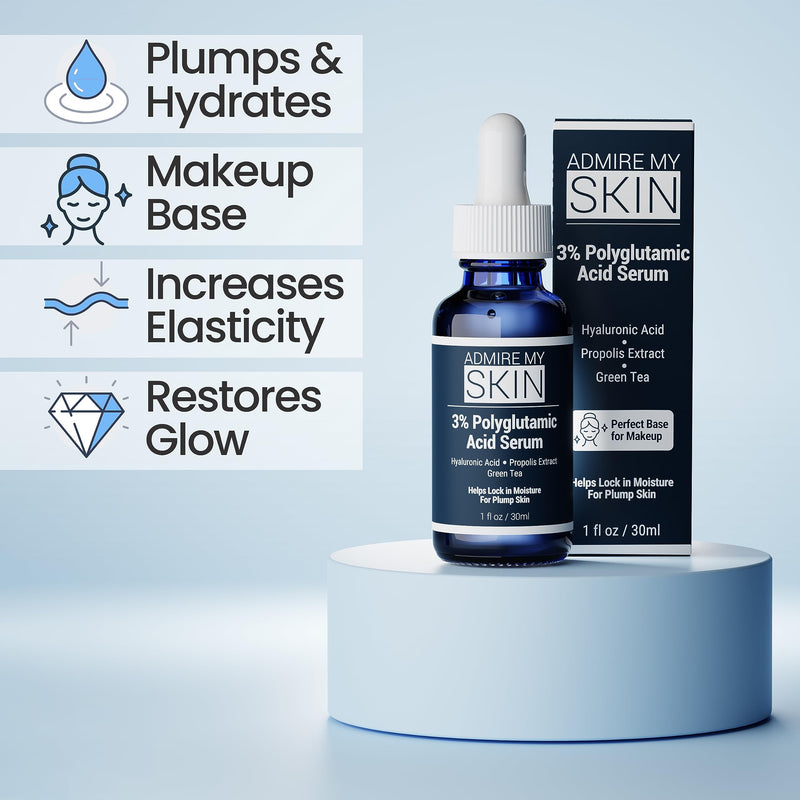 Admire My Skin 3% Polyglutamic Acid Facial Serum - PGA + Hyaluronic Acid + Propolis for Powerful Anti Aging - Moisture Locking Glow 1oz - BeesActive Australia