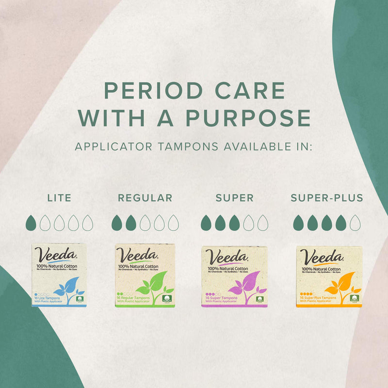 Veeda 100% Natural Cotton Compact BPA-Free Applicator Tampons Chlorine, Toxin and Pesticide Free, Super, 16 Count - BeesActive Australia