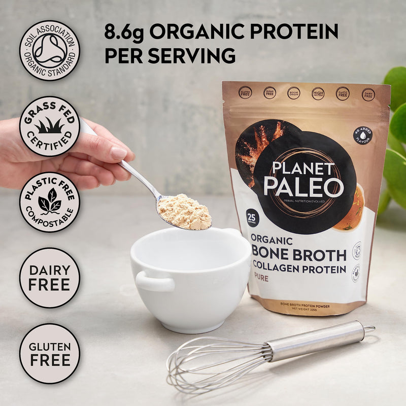 Bone Broth Powder (225g, 25 Servings) | Pure, Unflavoured | Organic, Grass Fed, High Protein, Versatile & Nutrient-Dense - Tissue Recovery, Gut Health, Hair, Skin and Nails - BeesActive Australia