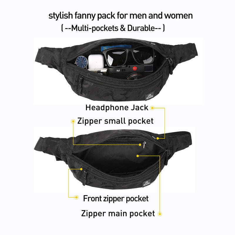 [AUSTRALIA] - Large Black Waist Bag Fanny Pack for Men Women Belt Bag Pouch Hip Bum Bag Chest Sling Bag with Headphone Jack, Premium Waterproof Lightweight Fanny Pack for Sport Gym Workout Travel Work Commuting 