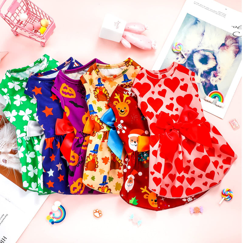 6 Pieces Holiday Dog Dress for Small Dogs Christmas Pet Dresses Thanksgiving Skirts Dog Bowknot Puppy Festival Skirts Christmas Cute Apparel Girl Clothes for Small Dogs Cats Animal L (7-9lbs） - BeesActive Australia