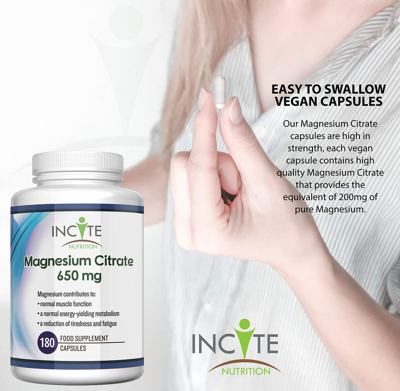 Magnesium Citrate Supplement 650mg | 180 Premium Vegan Capsules not Tablets (6 Month�s Supply) | High Strength Magnesium Citrate | Suitable for Vegetarian | Made in The UK by Incite Nutrition� - BeesActive Australia