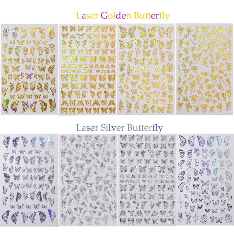 Butterfly Nail Art Decals Sticker Nail Art Supplies Gold Nail Art Adhesive Sticker Holographic Laser Butterfly Design Nail Foil 3D Luxury Butterflies Sticker for Acrylic Nails Decorations Laser Gold&silver - BeesActive Australia