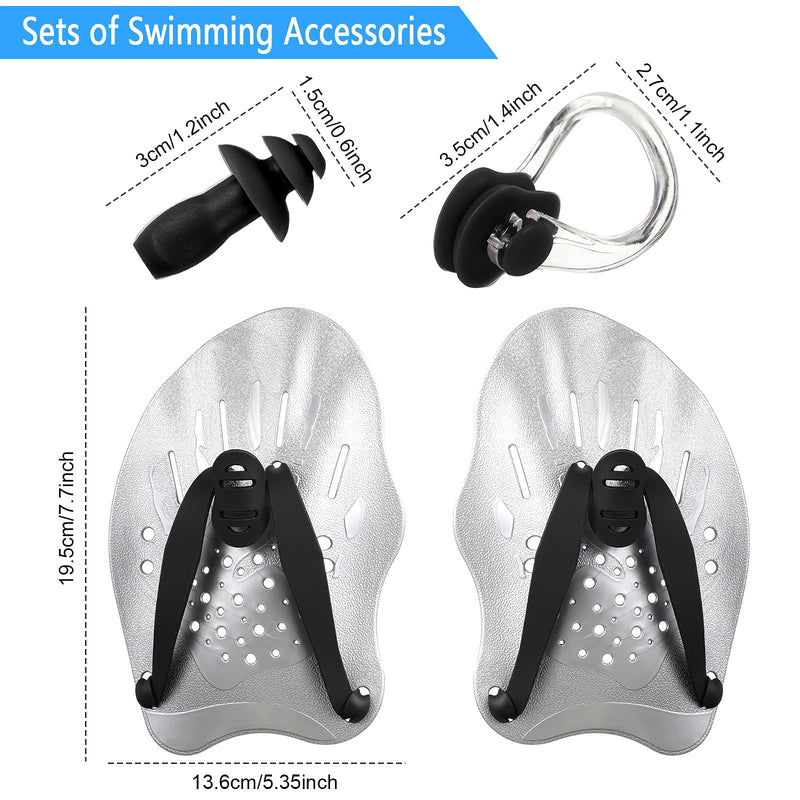 Skylety 2 Sets Swim Hand Paddles, Swim Training Contoured Exercise Adjustable Straps Swimming Paddles with Ear Plugs and Nose Clip for Women Men Children Silver, Blue - BeesActive Australia