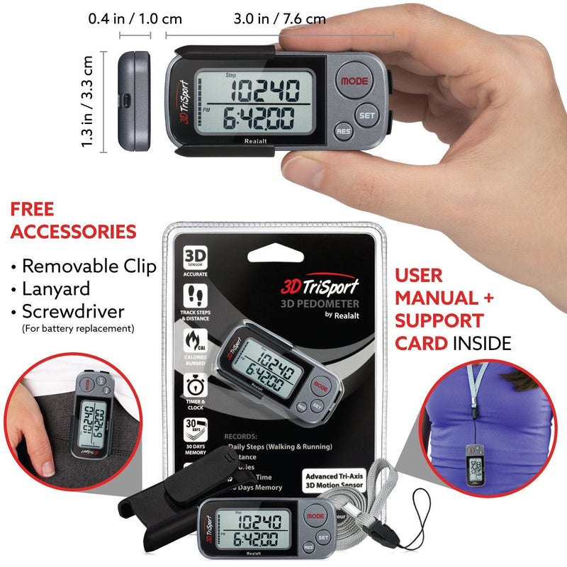 3DTriSport Walking 3D Pedometer with Clip and Strap, Free eBook | 30 Days Memory, Accurate Step Counter, Walking Distance Miles/Km, Calorie Counter, Daily Target Monitor, Exercise Time. Grey/Black - BeesActive Australia