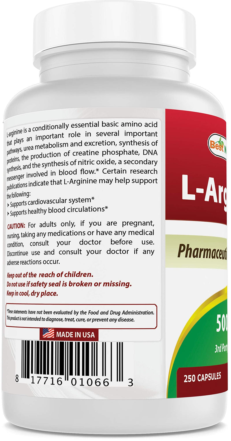 Best Naturals L-Arginine 500mg 250 Capsules (250 Count (Pack of 1)) 250 Count (Pack of 1) - BeesActive Australia