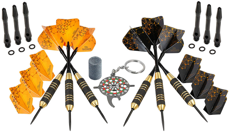 CC-Exquisite Professional Steel Tip Darts Set - 6 x 22g Brass Barrels with 12 Flights Standard/Slim, 12 Aluminum Shafts 35/48mm, 12 O-Rings, Dart Tool, Dart Sharpener and Case (Black & Gold) - BeesActive Australia