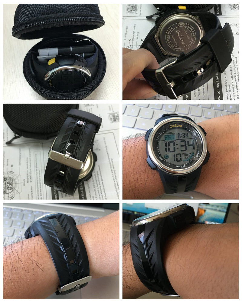 Digital Watch Men Sports Water Resistant 60 Lap 3 Alarm Stainless Steel Ring Stopwatch Dual Time Black Resin Watch Black 442 - BeesActive Australia