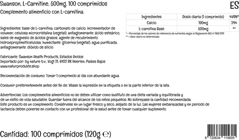 Swanson, L-Carnitine (L-Carnitine-Base), 500mg, 100 Vegan Tablets, High-Dose, Lab-Tested, Vegetarian, Soy-Free, Gluten-Free, Non-GMO - BeesActive Australia