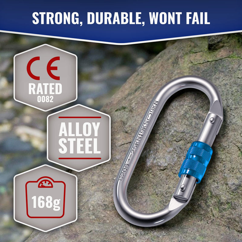 25kn Climbing Carabiner Clip - Heavy Duty O-Shape Steel Locking Caribeaner - UIAA/CE Certified Rock Climbing Gear - Strong Large Locking Oval Caribeener for Mountain Climbing 1pc - BeesActive Australia