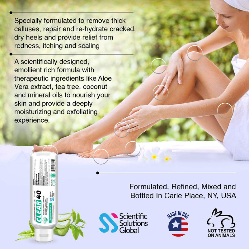 CLEAR 40, 40% Urea Gel, 8 oz w/Tea Tree & Coconut Oil, Aloe Vera Extract, Works on Calluses & Corns, Moisturizes & Softens Cracked Heels, Feet, Elbows, Hands, Nails, Superior Hydration to Urea Creams - BeesActive Australia