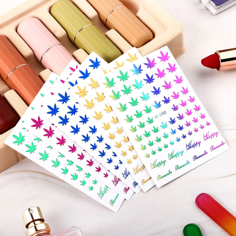 12 Sheets Pot Leaves Nail Stickers Colorful Leaf Nail Stickers Self-Adhesive Leaves Nail Decals Leaf Manicure Nail Stickers for Women and Girls Nail Decorations (Rainbow, Rose Red, Green, Black) Rainbow, Rose Red, Green, Black - BeesActive Australia