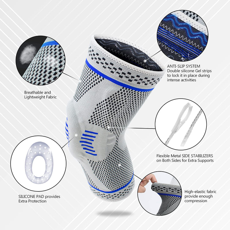 Professional Knee Brace Compression Sleeve - Best Knee Braces for Men Women, Medical Grade Knee Support Protector for Running, Meniscus Tear, Arthritis, Joint Pain Relief, Sports Injury Recovery N2/Grey L - BeesActive Australia