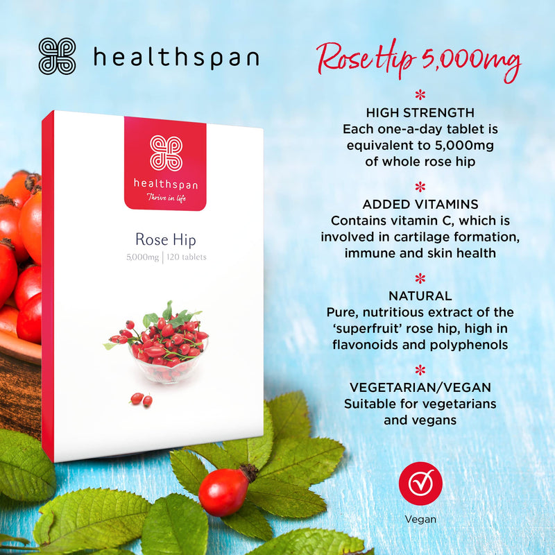 Healthspan Rose Hip 5,000mg | 120 Tablets | Added Vitamin C | High in Flavonoids & Polyphenols | Superfruit | Nutritious Fatty Oils | Vegan - BeesActive Australia