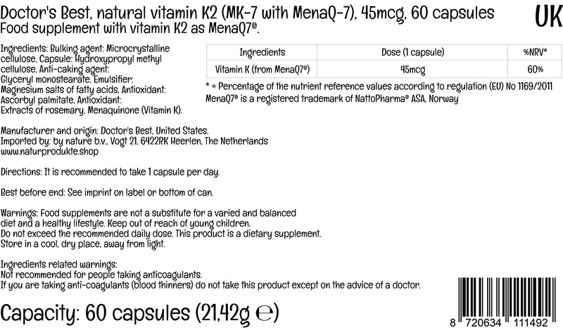 Doctor's Best, Natural Vitamin K2, MK-7 with MenaQ-7, 45mcg, 60 Vegan Capsules, Lab Tested, Gluten Free, SOYA Free, Vegetarian 60 count (Pack of 1) - BeesActive Australia