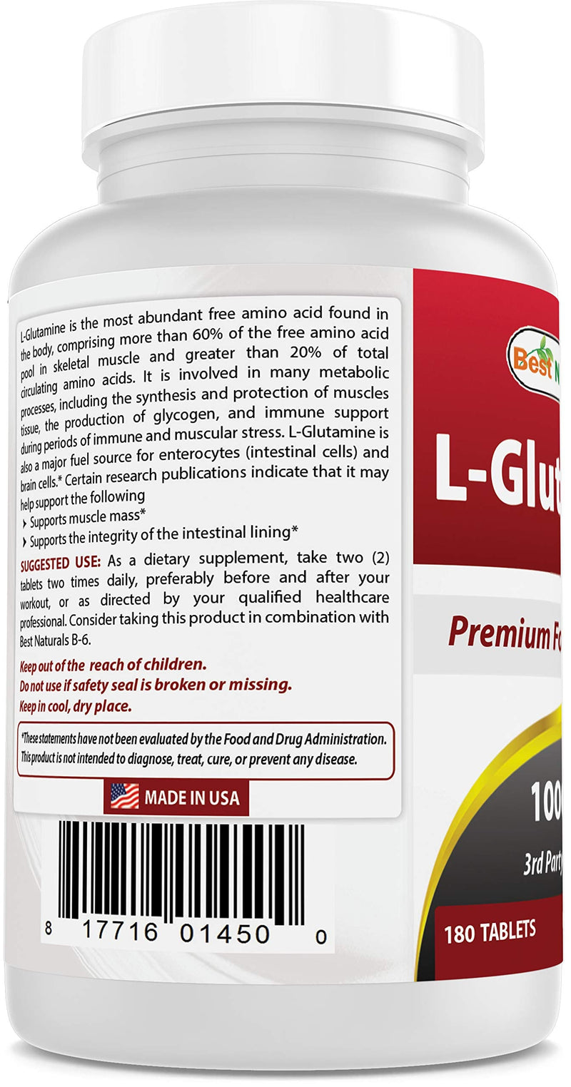 Best Naturals L-Glutamine 1000 mg 180 Tablets - Glutamine Fuel for Workout & Supports Muscle Recovery from Workouts (180 Count (Pack of 1)) 180 Count (Pack of 1) - BeesActive Australia