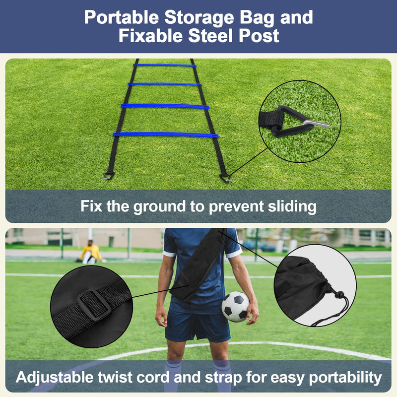 DIKAKO Agility Ladder - 20ft 12 Rung Agility Ladder Speed Training Equipment, Kids and Adult Speed Ladder for Football, Basketball, Fitness Training - Included Carry Bag and 4 Steel Stakes Blue - BeesActive Australia