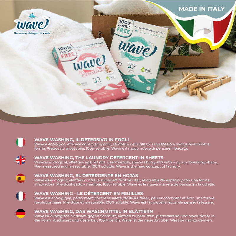 Wave Washing - Laundry Detergent in Sheets - 100% PLASTIC FREE - Made in Italy - Ecological - Biodegradable - Compostable fragrance free 64 Count (Pack of 1) - BeesActive Australia