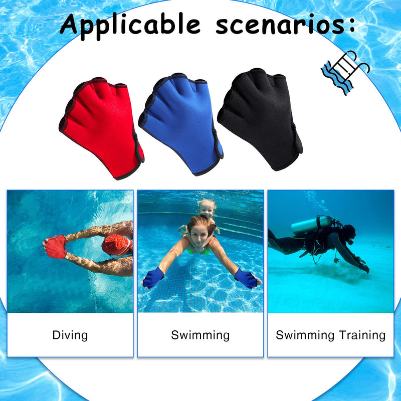 Skylety 3 Pairs Aquatic Gloves Swimming Training Gloves Large Webbed Swim Gloves Fingerless Water Resistance Paddle Gloves for Men Women Diving Surfing Fitness, 3 Colors - BeesActive Australia