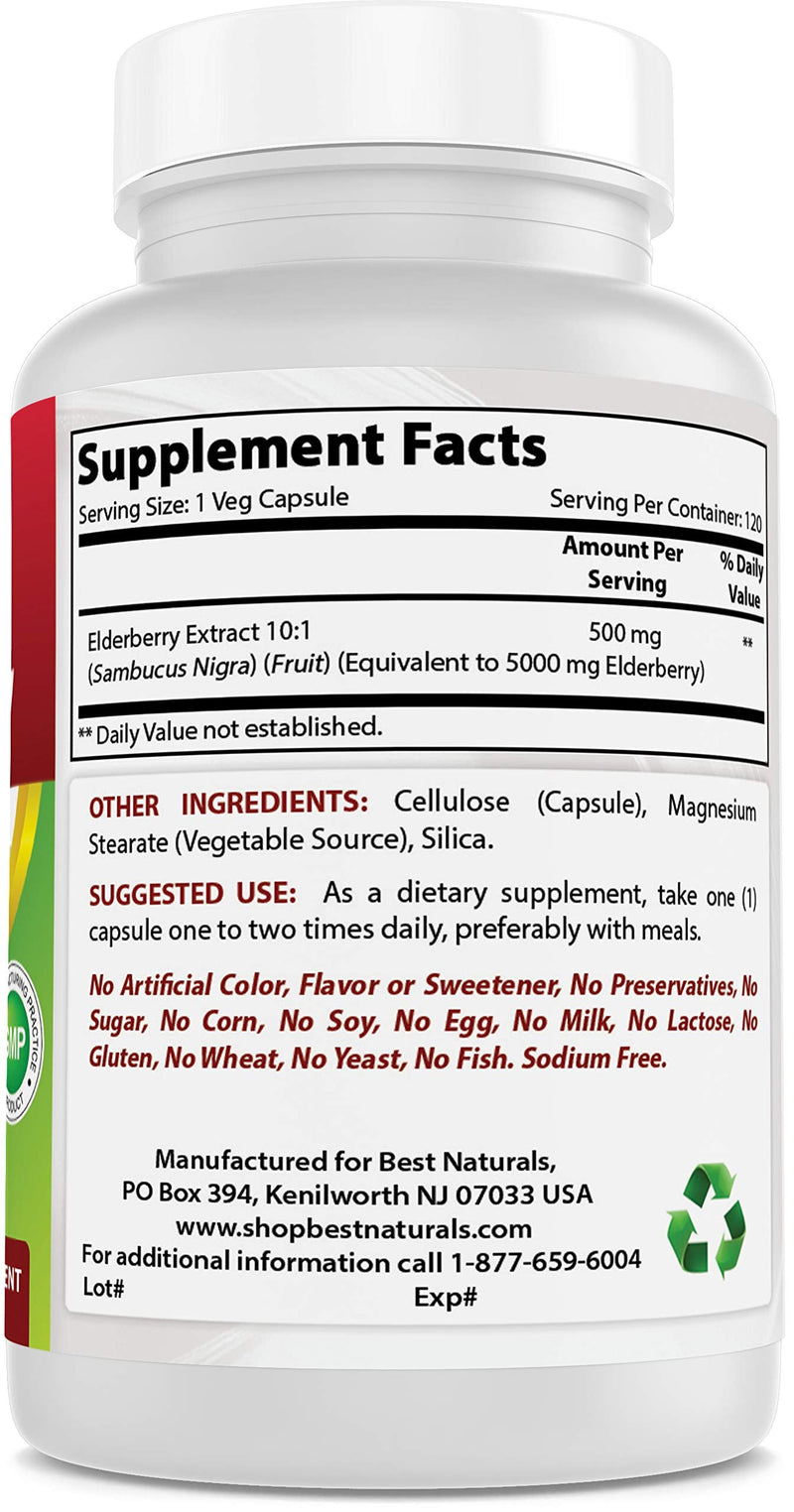 Best Naturals Elderberry Sambucus Nigra 5000mg Equivalent 120 Veg Capsules (120 Count (Pack of 1)) 120 Count (Pack of 1) - BeesActive Australia