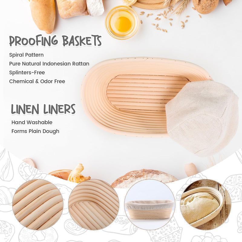 DOYOLLA Bread Proofing Baskets Set of 2 10 inch Oval Shaped Dough Proofing Bowls w/Liners Perfect for Professional & Home Sourdough Bread Baking - BeesActive Australia