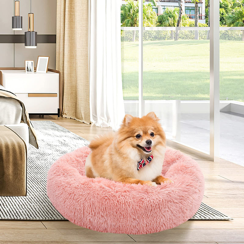 NOYAL Calming Dog Bed Donut Anti Anxiety Fluffy Dog Bed for Small Medium Dog and Cat Small 19.6'' Pink - BeesActive Australia