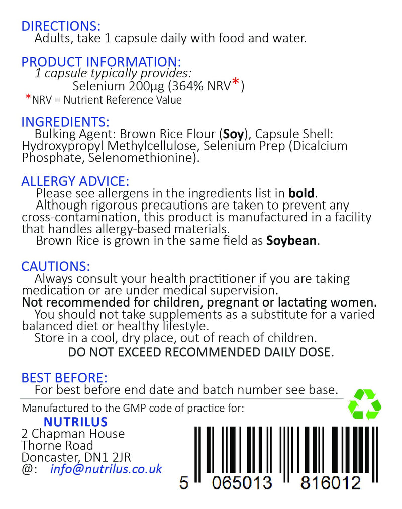 Selenium 120 Capsules 200�g - Natural Selenomethionine - High Bioavailability - High Strength - One-a-Day - Immune, Thyroid, Fertility - Hair and Nails - BeesActive Australia
