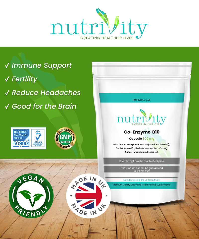 CoQ10 300mg Vegan Capsule - Co Enzyme Q10 High Strength Naturally Fermented Ubiquinone - Made in The UK by Nutrivity (120) 120 - BeesActive Australia