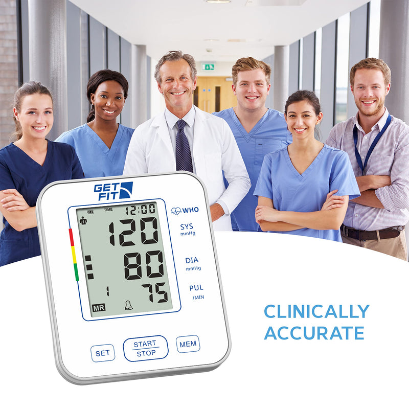 Get Fit Blood Pressure Monitor for Home Use - Medical Upper Arm Blood Pressure Machine Reader - Pulse Rate Monitor - 2x99 Memory - Large Adult Cuff - LCD Display Sphygmomanometer - White - 22-32cm Arm Cuff Size 22-32cm - BeesActive Australia