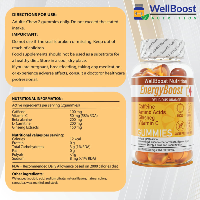 Energy Boost - Pre Workout, Caffeine, Ginseng, VIT C, L-Carnitine, Beta-Alanine, Chewable Gummies for Men & Women - 60 Gummies - 700mg Active per Serving - Orange Flavour, Suitable for Vegans - BeesActive Australia