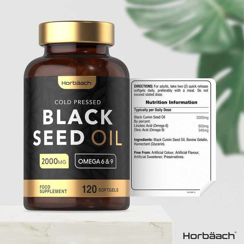 Black Seed Oil Capsules High Strength | 2000mg | Cold Pressed from Nigella Sativa - 120 Softgels | by Horbaach 120 Count (Pack of 1) - BeesActive Australia