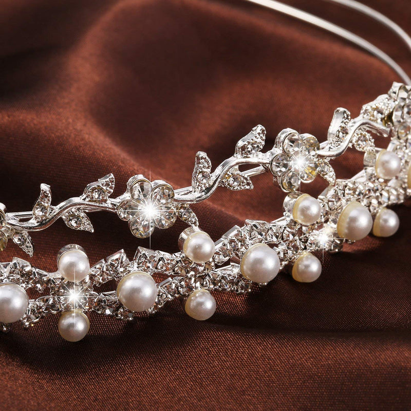 2 Pieces Wedding Party Women's Faux Pearl Rhinestones Headband Flower and Leaves Crown Hair Band for Bride Bridesmaids - BeesActive Australia