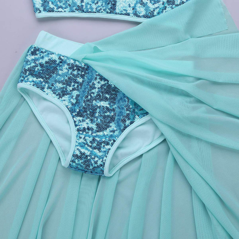 [AUSTRALIA] - zdhoor Kids Girls 2PCS Lyrical Ballet Dance Dress Sequins Performance Dancewear Camisole Crop Top with Mesh Skirt Lake Blue 7 / 8 