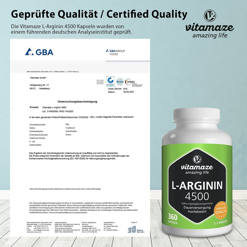 L-Arginine High Strength 4500 mg - 360 Capsules - Sport Performance Booster - Natural Supplement of Pure L Arginine Without Additives, German Quality- Vitamaze - BeesActive Australia