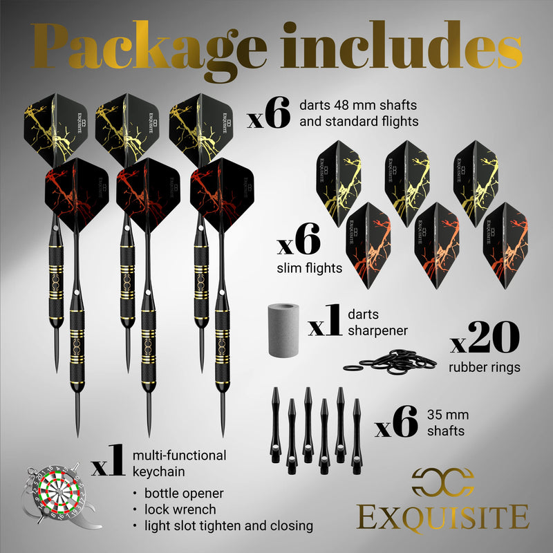 CC-Exquisite Professional Steel Tip Darts Set - 6 x 22g Brass Barrels with 12 Flights Standard/Slim, 12 Aluminum Shafts 35/48mm, 12 O-Rings, Dart Tool, Dart Sharpener and Case (Black & Gold) Lines- 22g - BeesActive Australia