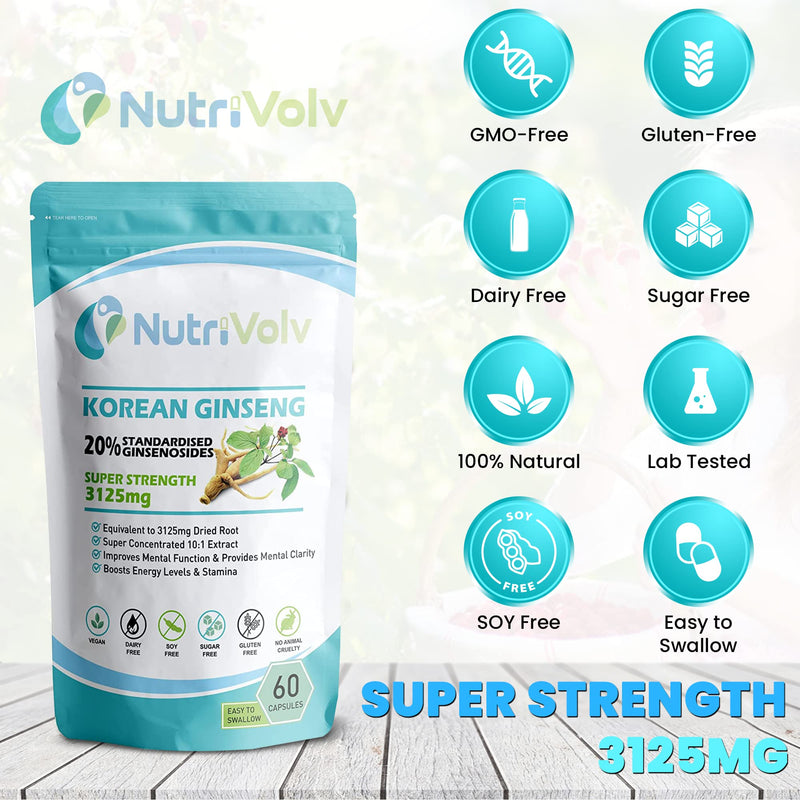 High Strength Korean Ginseng 3125mg Supplements to Boost Energy, Endurance, Mood, Performance, Vitality, Memory, Focus & Immunity | 60 Capsules - BeesActive Australia