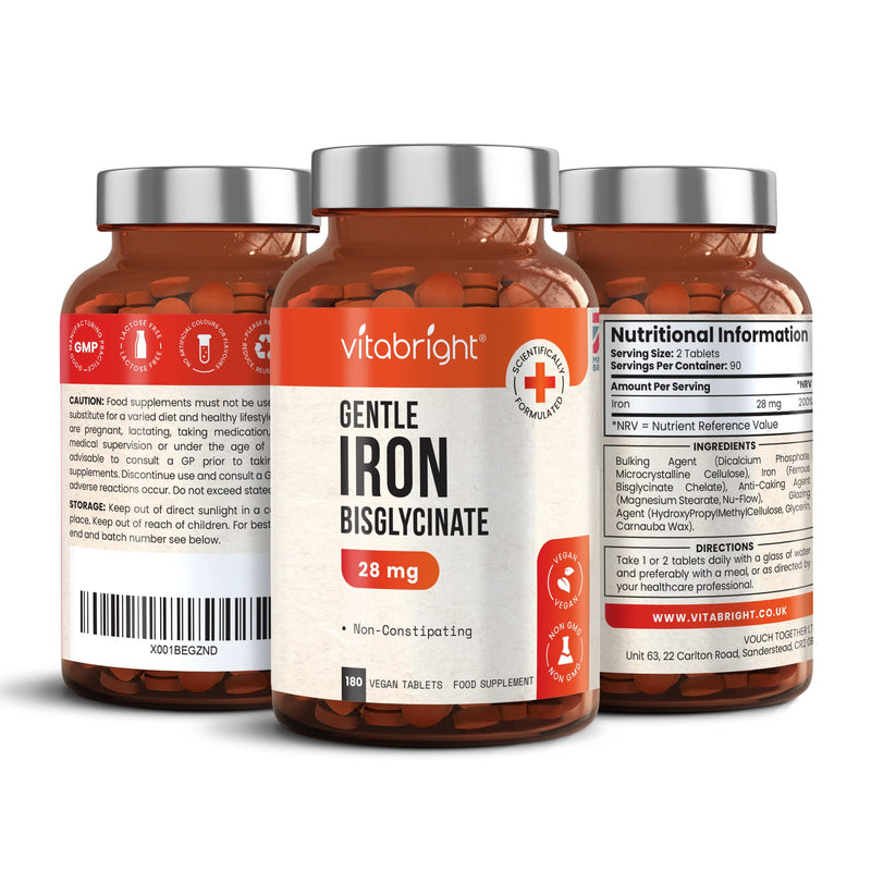Gentle Iron Tablets 28mg - 180 Vegan Tablets (3 Month Supply of Iron Supplements) Gentle Iron Bisglycinate Chelate for Men & Women. 200% NRV Iron Pills for Tiredness & Fatigue, Blood & Immune System - BeesActive Australia