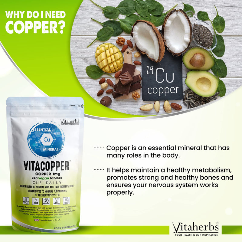 Copper Supplement 1000 mcg 240 Vegan Tablets � Copper tablets � 8 Month Supply-Contributes To Normal Hair And Hair Pigmentation | Nervous System | Immune System | Copper 1mg - Vitacopper by Viateherbs - BeesActive Australia