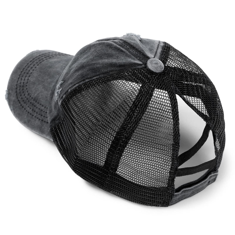Criss Cross Ponytail Baseball Cap for Women Trucker Hats Mesh Adjustable High Messy Bun Ponycap Washed Distressed Dad Hat Black One Size - BeesActive Australia