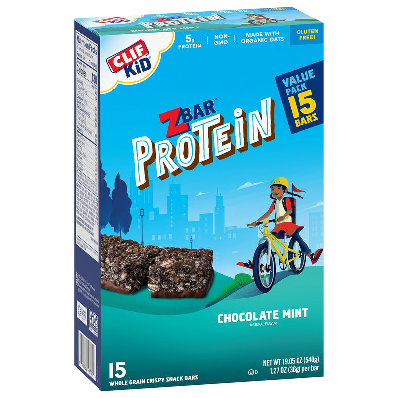 CLIF Kid Zbar Protein - Chocolate Mint - Crispy Whole Grain Snack Bars - Made with Organic Oats - Non-GMO - 5g Protein - 1.27 oz. (15 Pack) - BeesActive Australia