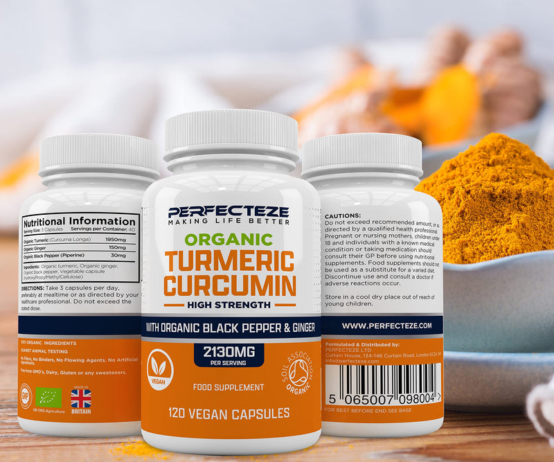 Organic Turmeric Curcumin High Strength and Black Pepper with Ginger 120 Veg Capsules 2130MG Advanced Turmeric with Active Ingredient Curcumin Organic Vegan 120 Capsules (3 Month Supply) - BeesActive Australia