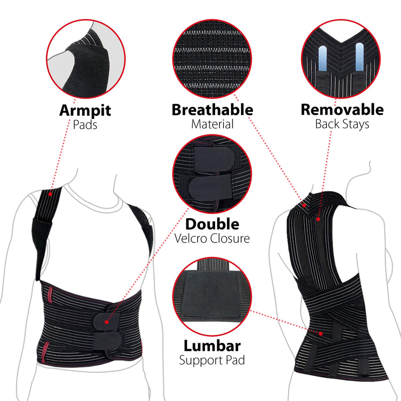 ORTONYX Full Back Support Brace with Removable Dorso-lumbar Pad - Upper and Lower Back Pain Relief, Thoracic Kyphosis, Rounded Shoulders, Posture Correction / L Large (Pack of 1) Black - BeesActive Australia