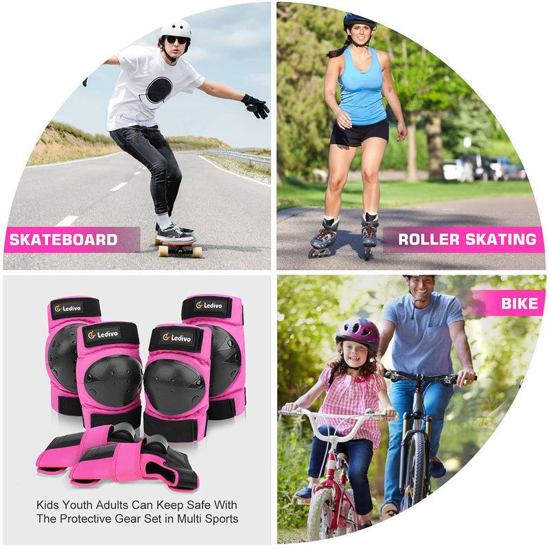 Ledivo Kids Adjustable Helmet Suitable for Ages 3-14 Years Toddler Boys Girls, Sports Protective Gear Set Knee Elbow Wrist Pads for Bike Bicycle Skateboard Scooter Rollerblading Pink-4 Medium (8-14 yrs old) - BeesActive Australia