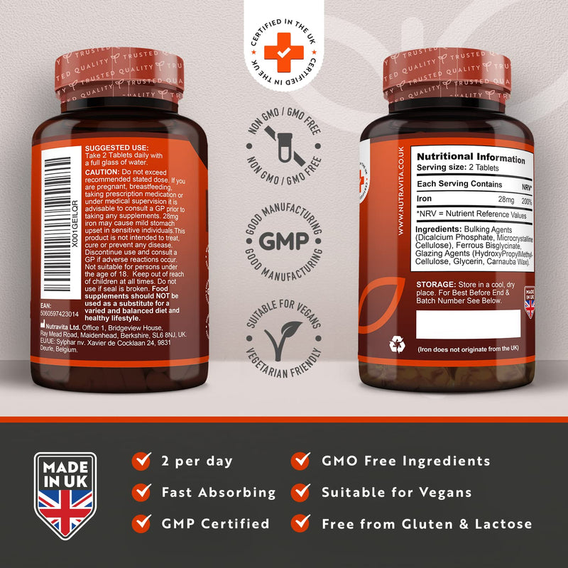 Iron Tablets 28mg � 180 Vegan Tablets (3 Month Supply of Iron Supplements) � Contributes to The Reduction of Tiredness and Fatigue � Suitable for Men and Women � Made in The UK by Nutravita - BeesActive Australia