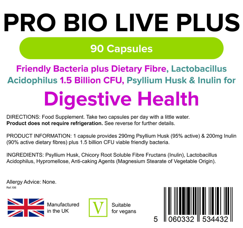 Lindens Pro Bio Live Plus (+Dietary Fibre) Capsules - 90 Pack - Massive 1.5 Billion Cfu Strength and Fortified with 2 Types of Dietary Fibre & Friendly Bacteria That Aids Digestion - UK Manufacturer, Letterbox Friendly - BeesActive Australia