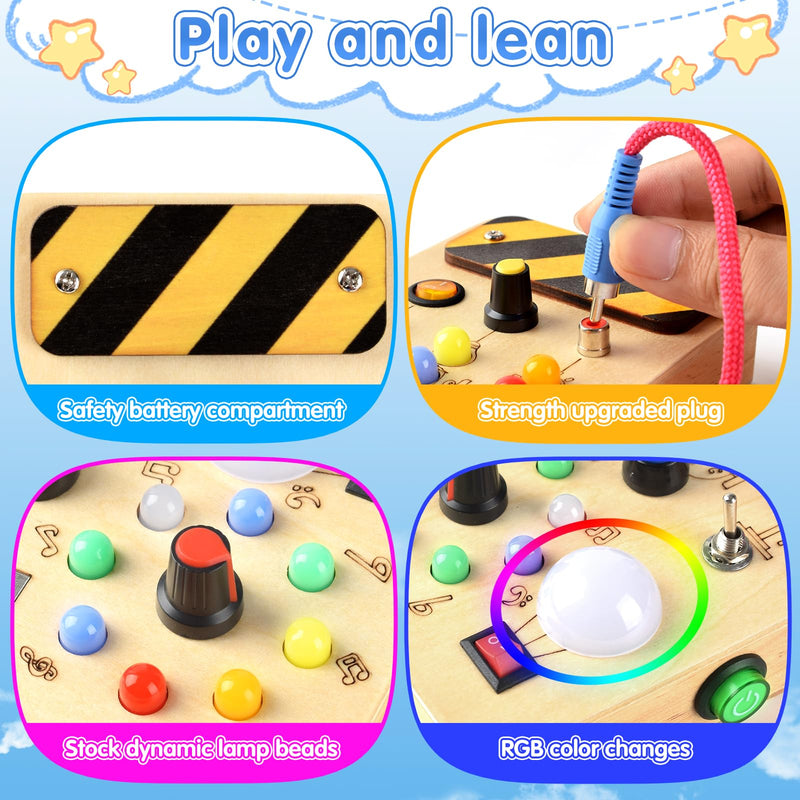 POLKRANE Busy Board with LED Light,Montessori Toys with Toggle Switch,Travel Toys and Wooden Toy for Educational Toddler Activities for 1 2 3 4 Year Old Boys & Girls (Rainbow) Rainbow - BeesActive Australia