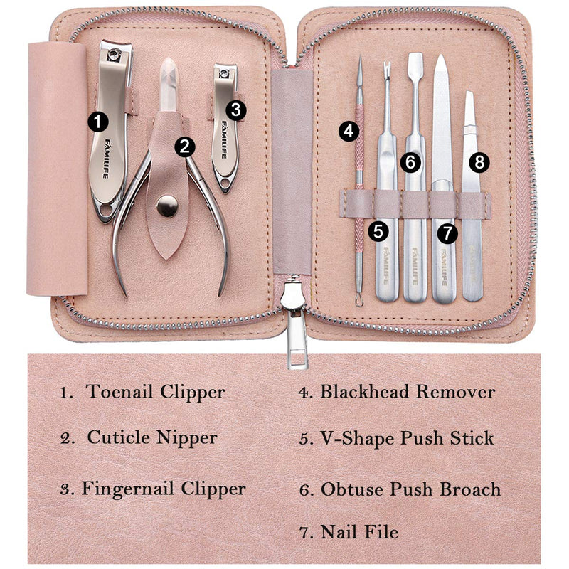 FAMILIFE Manicure Set, 8 in 1 Professional L13 Manicure Kit Nail Clipper Set Stainless Steel Pedicure Tools Kit Portable Grooming Kit with Pink Leather Travel Case for Women Girl Light Pink - BeesActive Australia