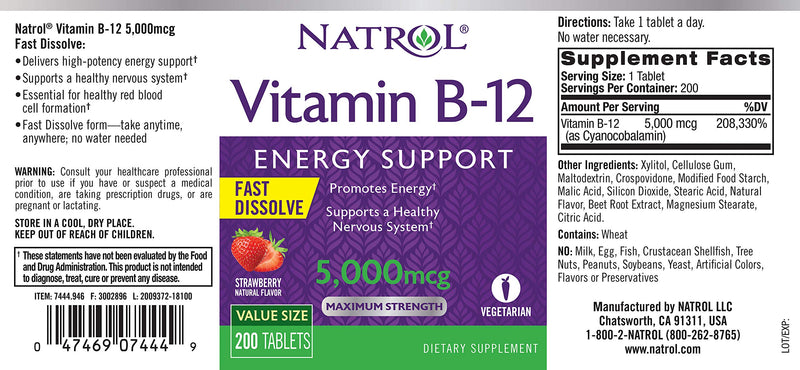 Natrol Vitamin B12 Fast Dissolve Tablets, Promotes Energy, Supports a Healthy Nervous System, Maximum Strength, Strawberry Flavor, 5,000mcg, 200 Count 200 Count (Pack of 1) 200 Tablets - BeesActive Australia