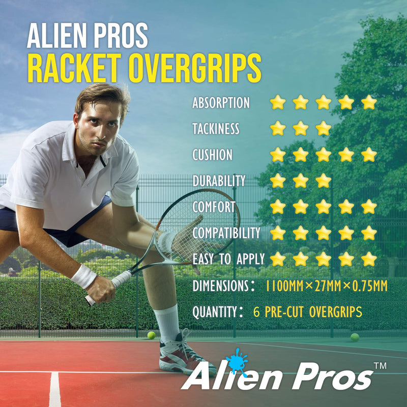 [AUSTRALIA] - Alien Pros Tennis Racket Grip Tape (6 or 12 or 60 Grips) – Precut and Dry Feel Tennis Grip – Tennis Overgrip Grip Tape Tennis Racket – Wrap Your Racquet for High Performance (6 Grips, White) 6-Pack White 